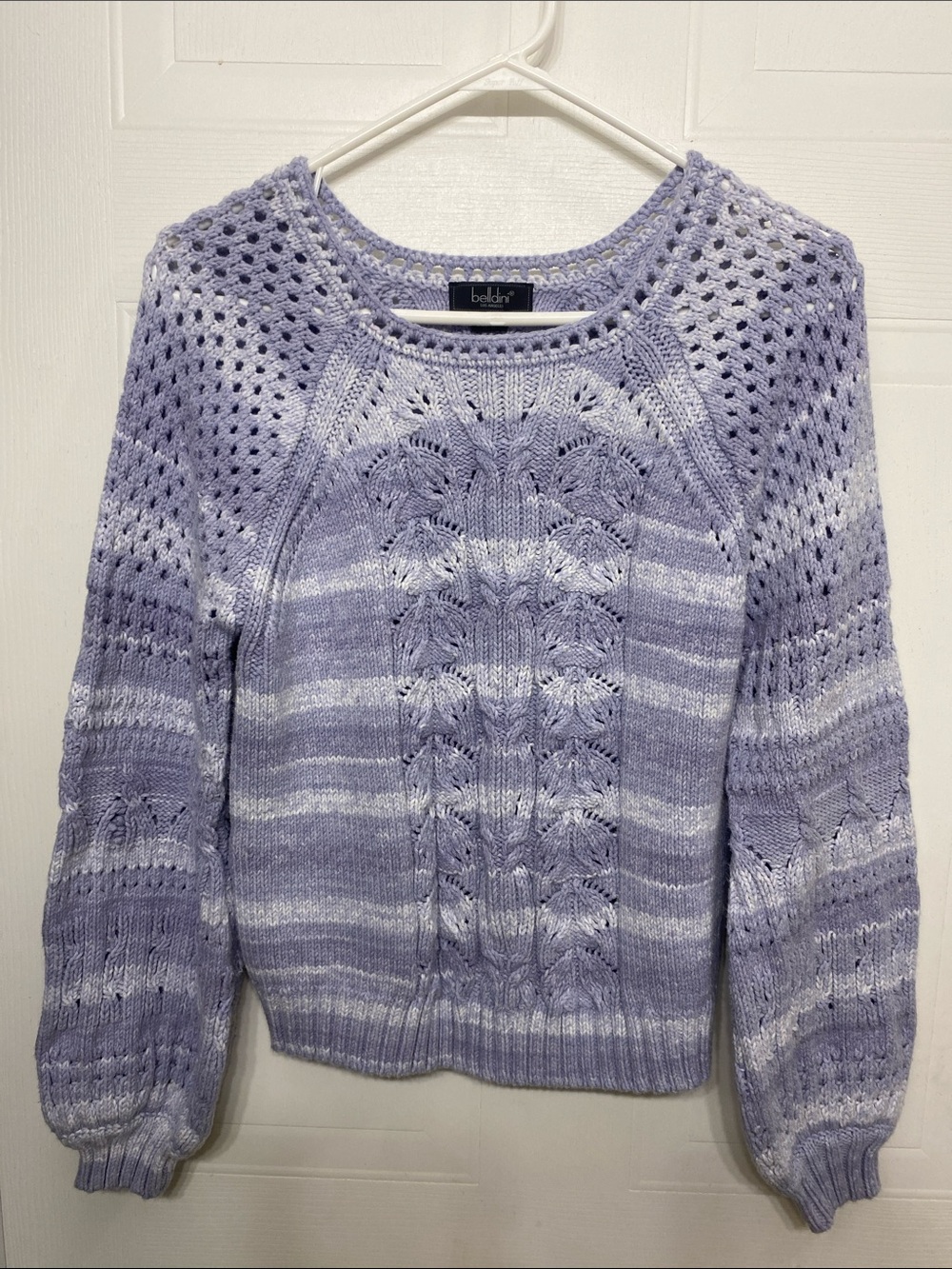 belldini Striped Open-Knit Sweater in Purple & White Size Medium